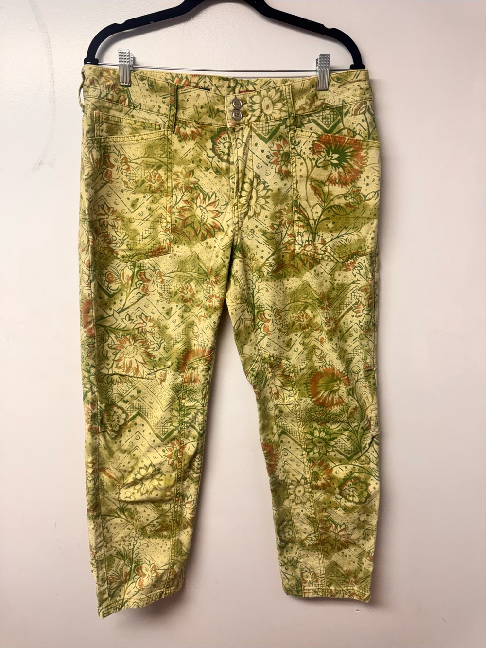 Anthropologie Pilcro The Wanderer Pants 31 Green Floral Patchwork Low Rise Boho - Picture 7 of 16